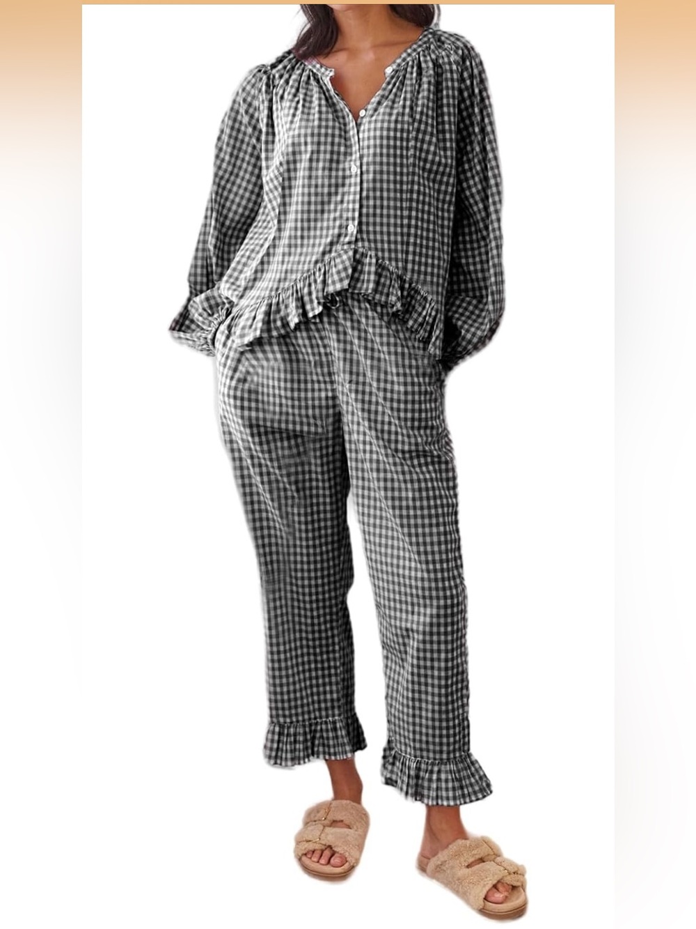 Amazon Black and White Gingham Ruffle Two-Piece Pajama Set for Women Large